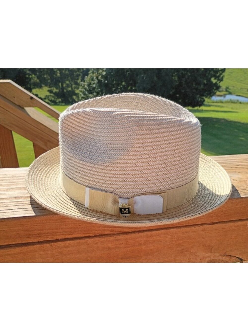 Montique Beige Fedora Brim Hat Size S 7.5" Woven Poly Lightweight Logo